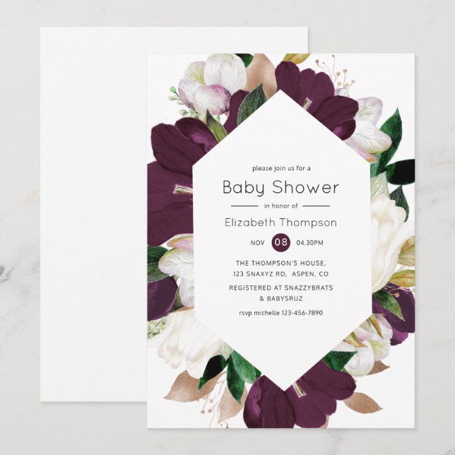 Invitation Velours de prune foncée et Baby shower floral blan (Devant / Derrière)