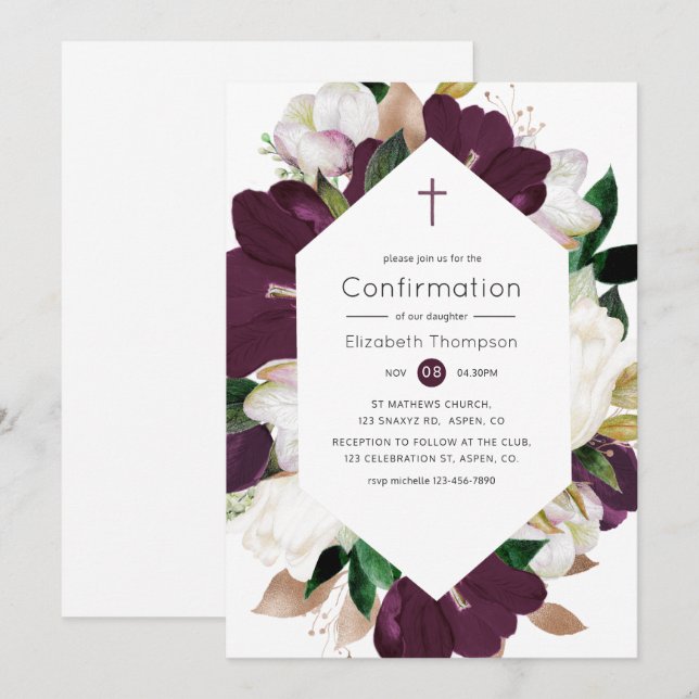 Invitation Velours de prune foncée et confirmation florale bl (Devant / Derrière)