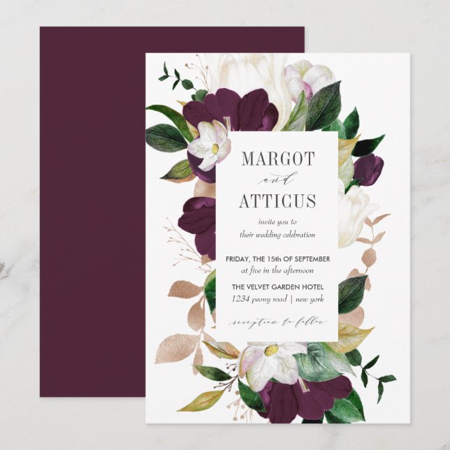 Invitation Velvet Magnolia et mariage géométrique de fleurs d (Devant / Derrière)