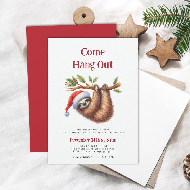 Invitation Venez Hang Out Sloth Branche Drôle Noël Fête (come hang out funny sloth christmas party invitation family winter holiday cute minimalist modern)