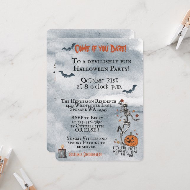 Invitation Venez Si Vous Osez Skeletons Fête D'Halloween (Devant/Arrière en situation)