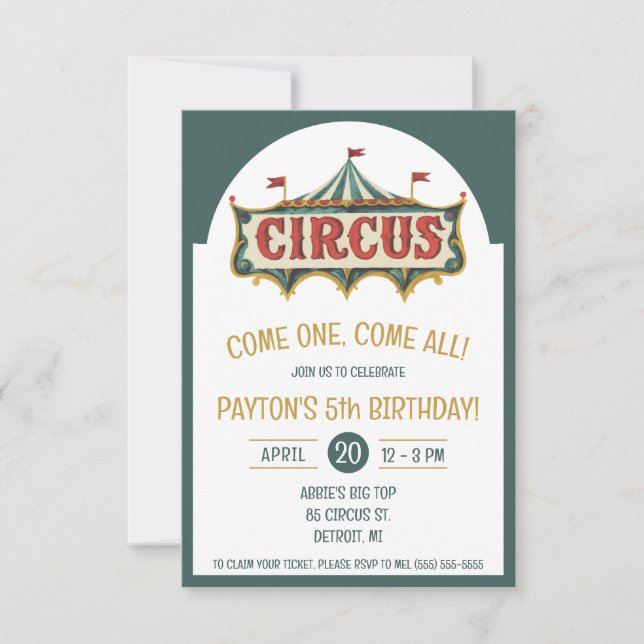 Invitation Venez Un, Venez Tous ! Tente cirque fête d'anniver (Devant)