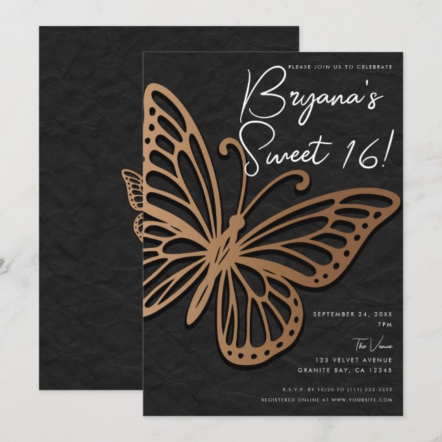 Invitation Vent de miel Brown Boho Noir Butterfly Sweet 16 (Devant / Derrière)