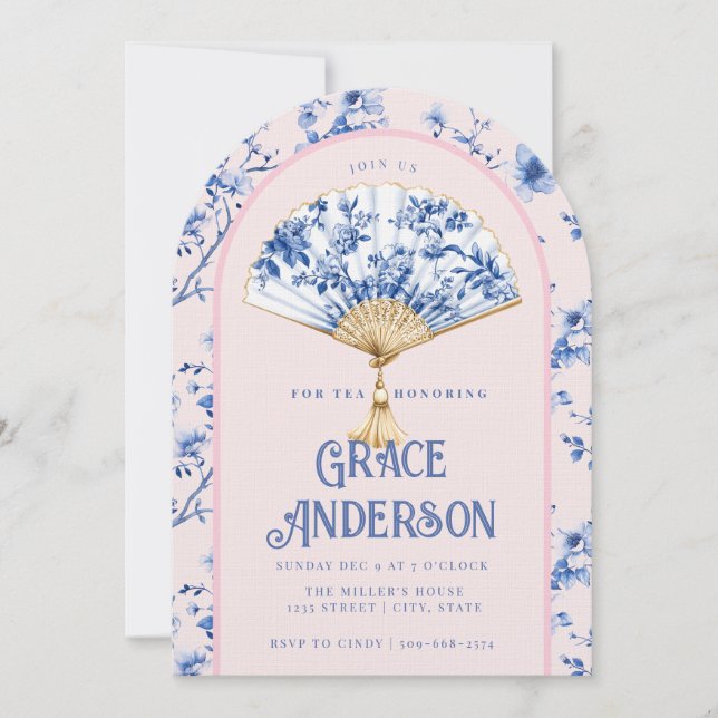 Invitation Ventilateur Chinoiserie rose et bleu | Thé nuptial (Devant)