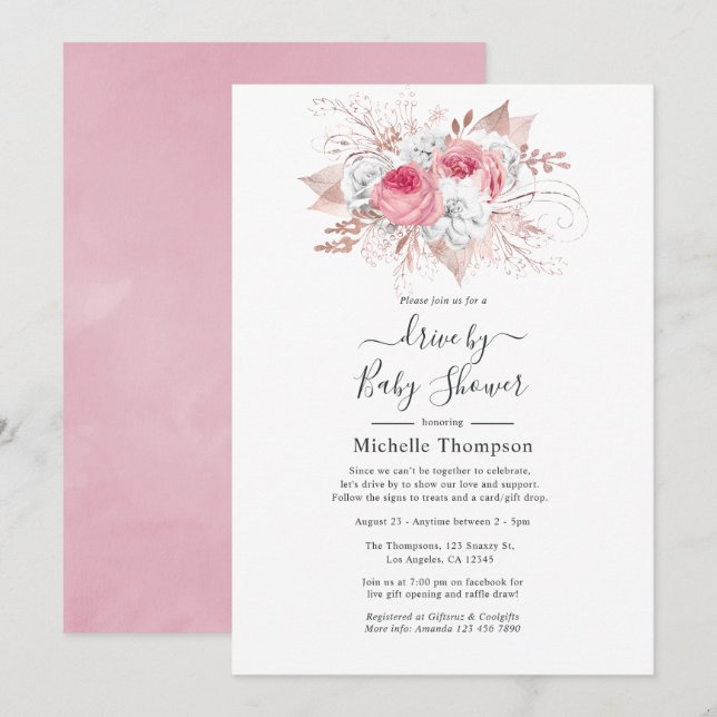 Invitation Ventilateur Floral Rose et Rose Or par douche (Devant / Derrière)