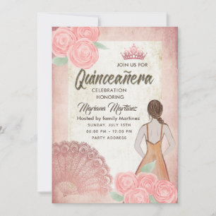 Invitation Ventilateur vintage rose vif roses tiara Quince