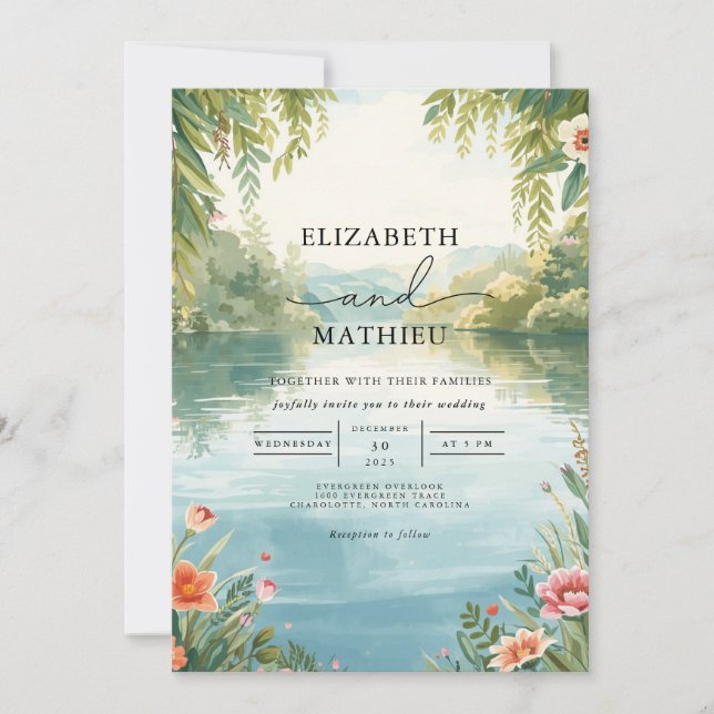 Invitation Verdoyant Tranquil Lakeside Mariage Floral (Devant)