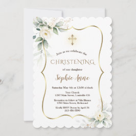Invitation Verdure aérée Cadre Or Blanc Floral Christening