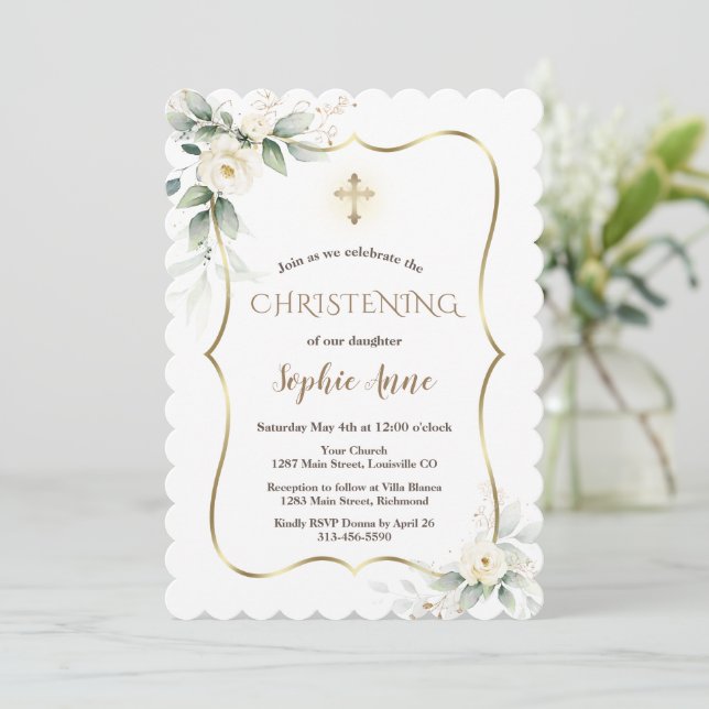 Invitation Verdure aérée Cadre Or Blanc Floral Christening (Debout devant)