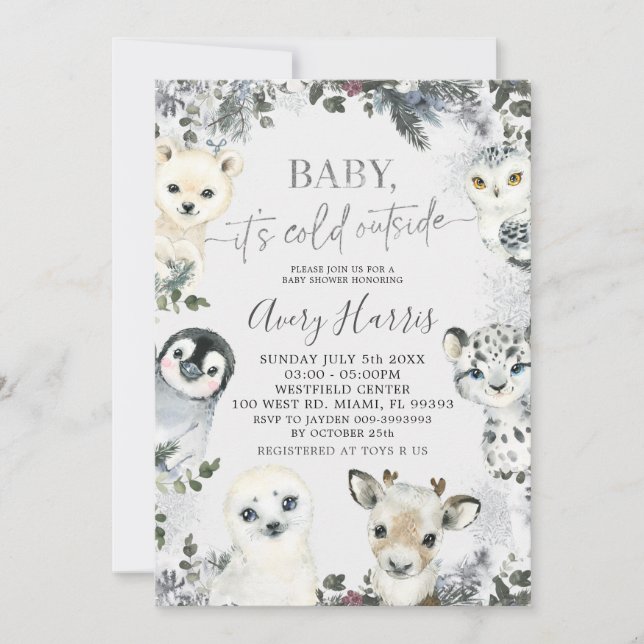 Invitation Verdure Animaux arctiques Baby shower d'hiver Invi (Devant)