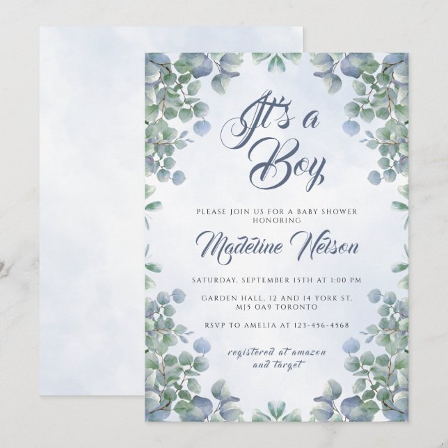 Invitation Verdure Aquarelle Bleue C'est un Baby shower garço (Devant / Derrière)