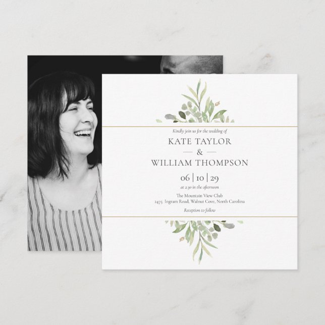 Invitation Verdure Aquarelle Botanique Photo Mariage Invita (Devant / Derrière)