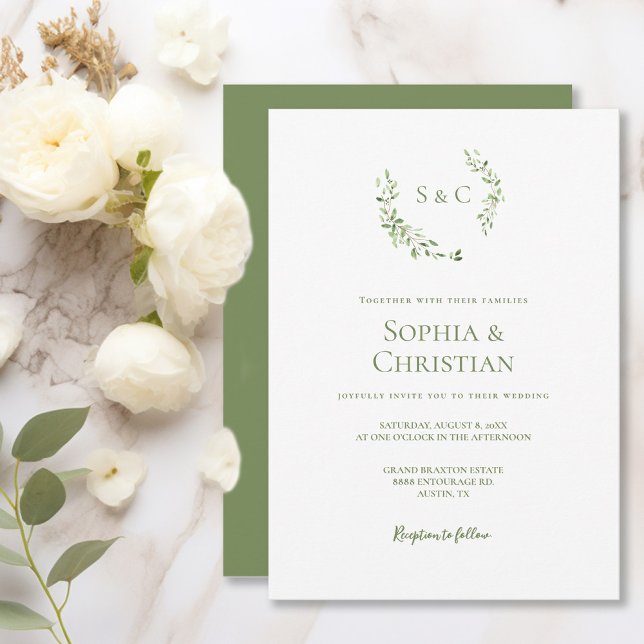 Invitation Verdure Aquarelle Feuille de couronne Monogramme M (Green white wedding monogram crest invitation.)