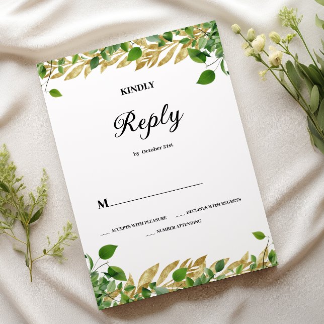Invitation Verdure botanique feuille d'or Mariage RSVP (Botanical greenery gold foliage Wedding RSVP)