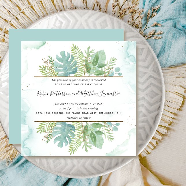 Invitation Verdure botanique, Mariage d'aquarelle bleu vert (Créateur téléchargé)