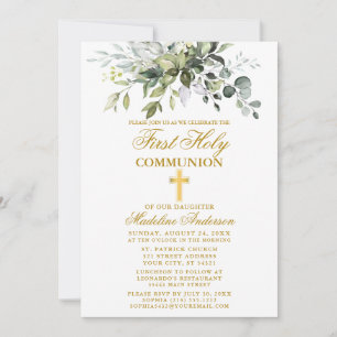 Invitation Verdure botanique Première communion Or