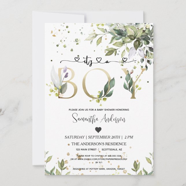 Invitation Verdure C'est un garçon Baby shower Eucalyptus Par (Devant)