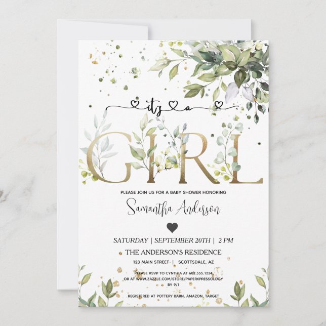 Invitation Verdure C'est une Fille Baby shower Eucalyptus Par (Devant)