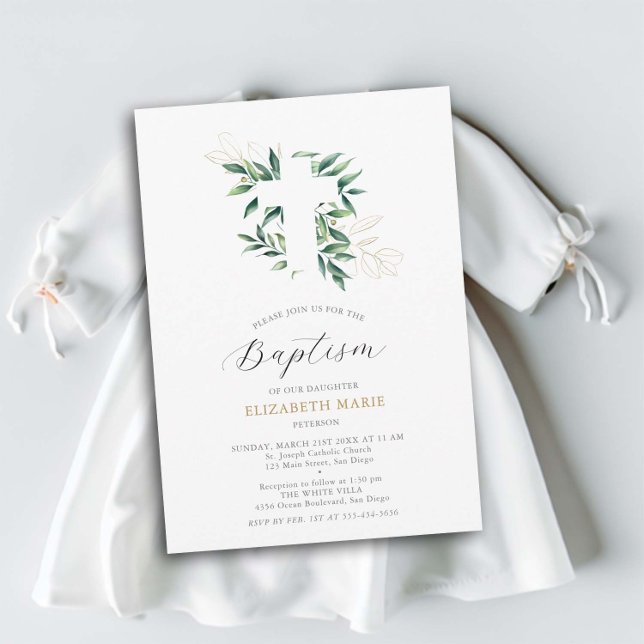 Invitation Verdure Croix Gold Foliage Baptême bébé bébé bébé (baptism invitation christening baby toddler greenery cross gold foliage elegant classy minimalist)