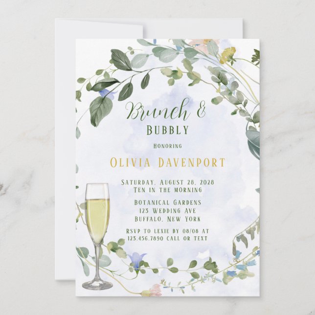 Invitation Verdure Dusty Blue Fleur sauvage Brunch et Bubbly (Devant)