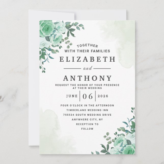 Invitation Verdure Élégant Rose Floral Aquarelle Mariage (Devant)