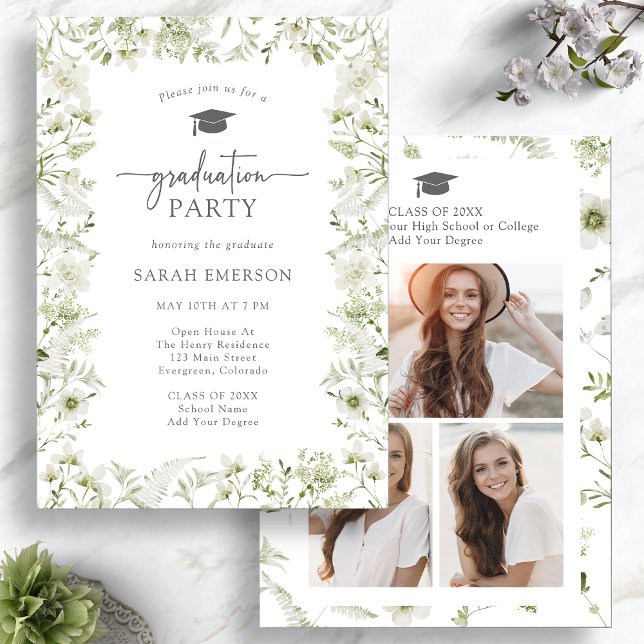 Invitation Verdure Élégante de Remise de Diplômes (Watercolor Greenery Elegant Graduation Invitation Photo Collage by Painted Paperie
)