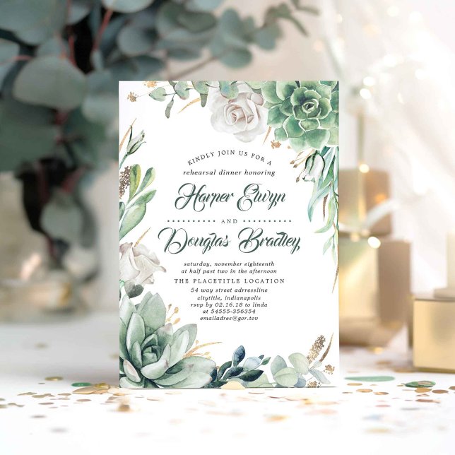 Invitation Verdure et or | Dîner de répétition du jardin rust (Succulents and White Flowers Elegant Rehearsal Dinner Invitations)