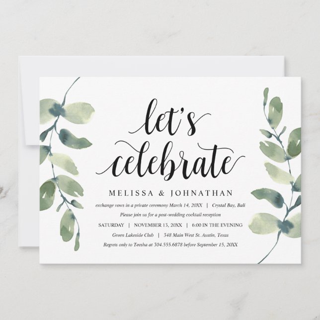 Invitation Verdure Eucalyptus, Encre noire, Mariage en fuite (Devant)