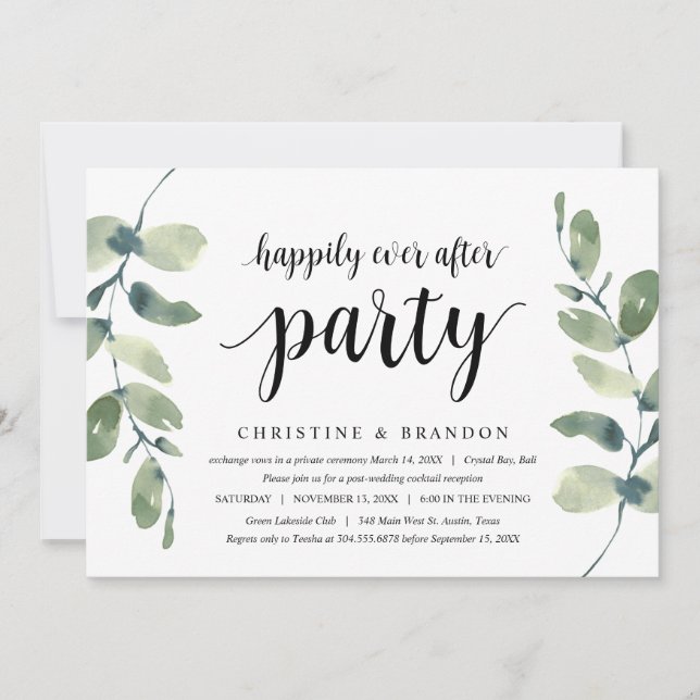Invitation Verdure Eucalyptus, Encre Noire, Mariage Intime (Devant)