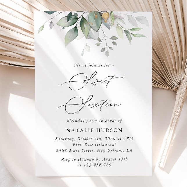 Invitation Verdure, Eucalyptus Feuilles, Boho, Sweet 16 (Créateur téléchargé)