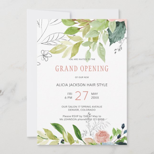 Invitation Verdure feuillage chic salon de beauté grand ouver (Devant)