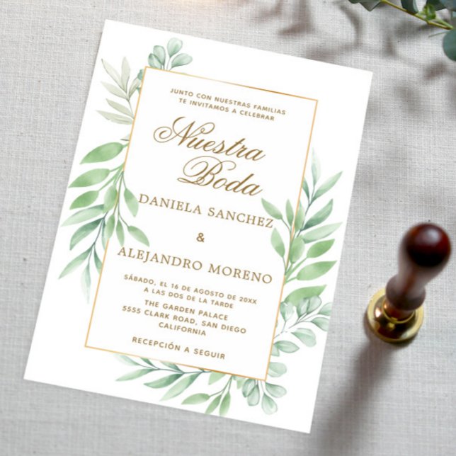 Invitation Verdure Feuille Gold Nuestra Boda Mariage espagnol (Créateur téléchargé)