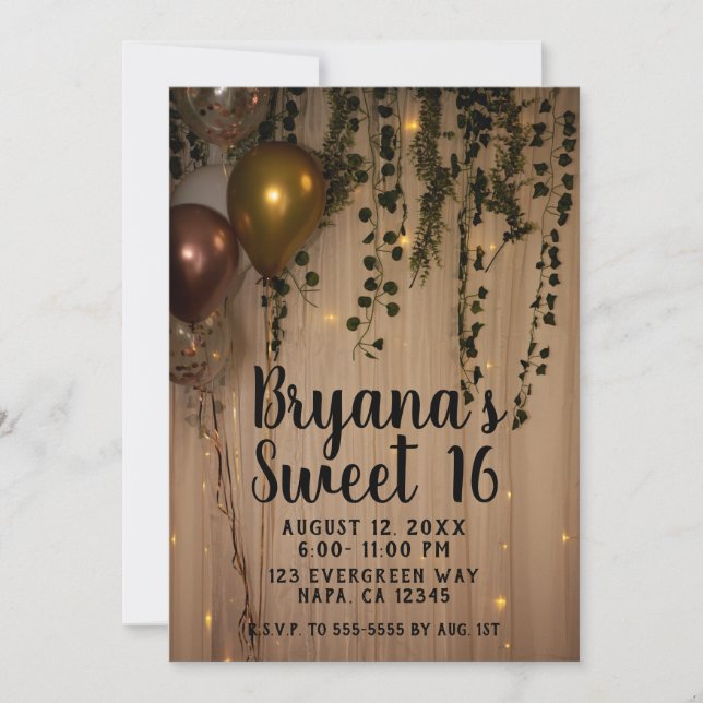 Invitation Verdure Feuille Rose Gold Lights Rustic Sweet 16 (Devant)