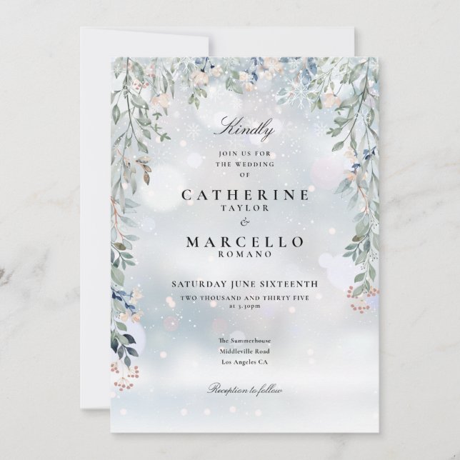 Invitation Verdure Floral Fleur sauvage Mariage d'hiver (Devant)