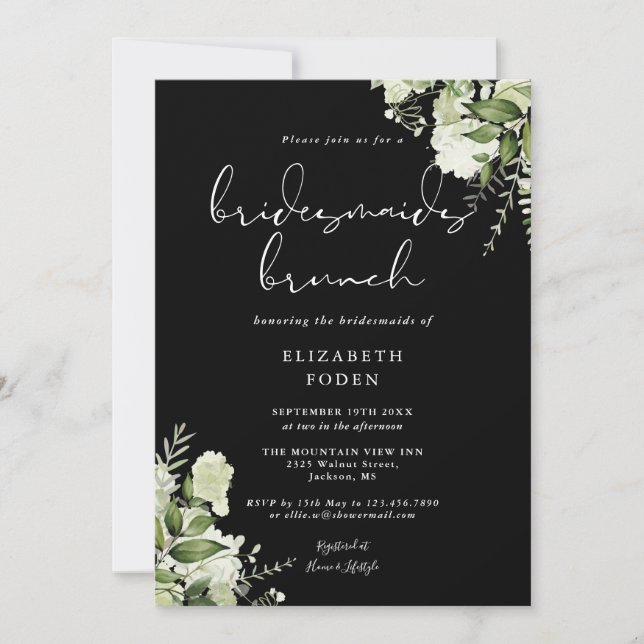 Invitation Verdure Floral Noir Et Blanc Bridesmaids Brunch (Devant)