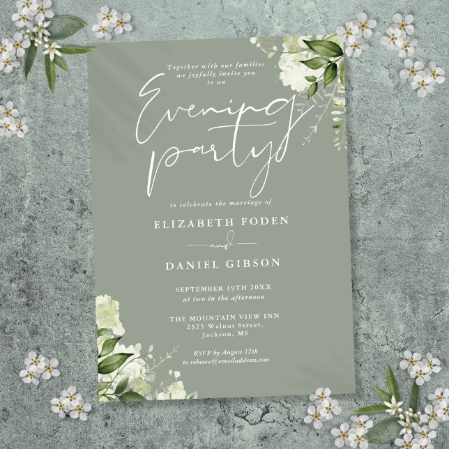 Invitation Verdure Floral Sage Vert Mariage soirée (Greenery Floral Sage Green Wedding Evening Party Invitation)