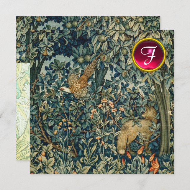 Invitation VERDURE, FOREST ANIMALS Fox, Pheasant, Vert Floral (Devant / Derrière)