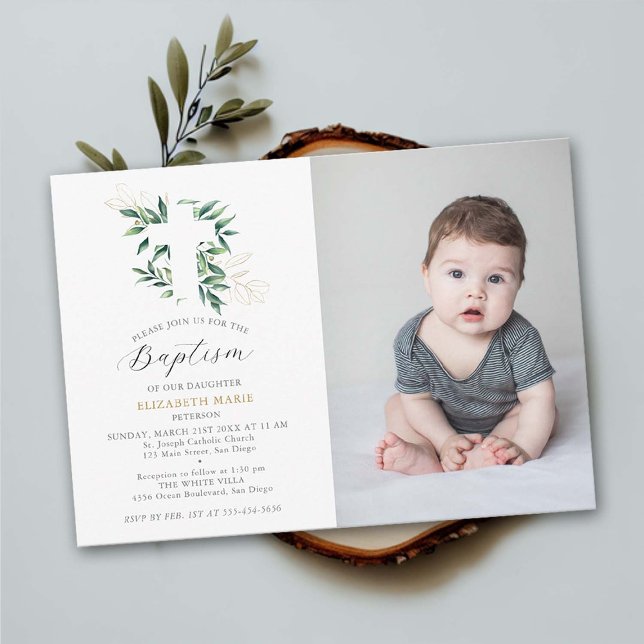 Invitation Verdure Gold Foliage Bébé Baptême Photo Baptême (baby baptism photo invitation christening greenery foliage gold elegant classy simple delicate soft)