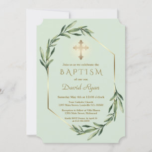 Invitation Verdure luxuriante Croix d'or Boy Baptême garçon