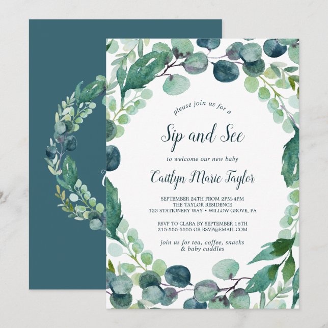 Invitation Verdure luxuriante et Eucalyptus Sip and See (Devant / Derrière)