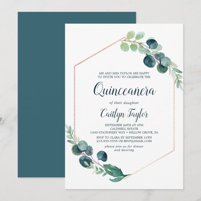 Invitation Verdure luxuriante Rose or géométrique Quinceañera (Devant / Derrière)