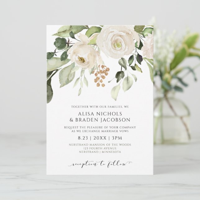 Invitation Verdure mariage Foliage Blanc Floral Or (Debout devant)