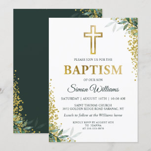 Invitation Verdure moderne Croix d'or Parties scintillant Bap