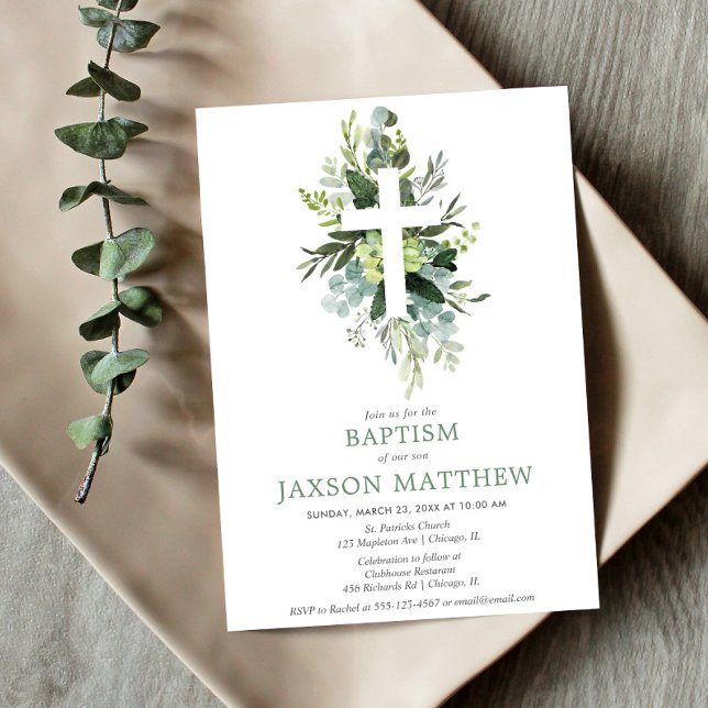 Invitation Verdure moderne eucalyptus vert feuillage baptême (Créateur téléchargé)