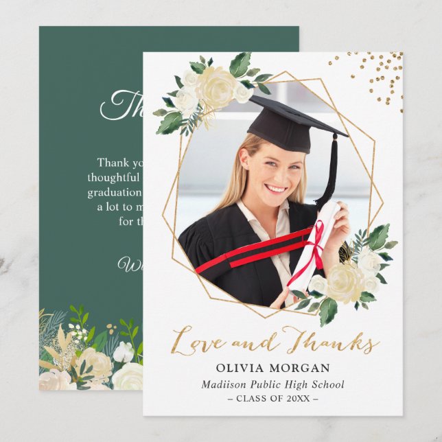 Invitation Verdure or Floral Graduation Merci photo (Devant / Derrière)