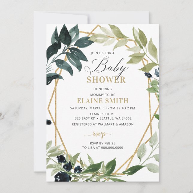 Invitation Verdure Or Géométrique Sexe Baby shower neutre (Devant)
