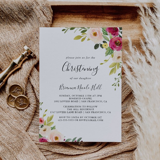 Invitation Verdure Rose Blush Floral Christening (Créateur téléchargé)