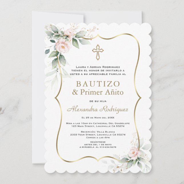 Invitation Verdure Rose Roses Espagnol 1er anniversaire Baptê (Devant)
