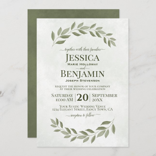 Invitation Verdure rustique Simple Elégant Sage Vert Mariage (Devant / Derrière)