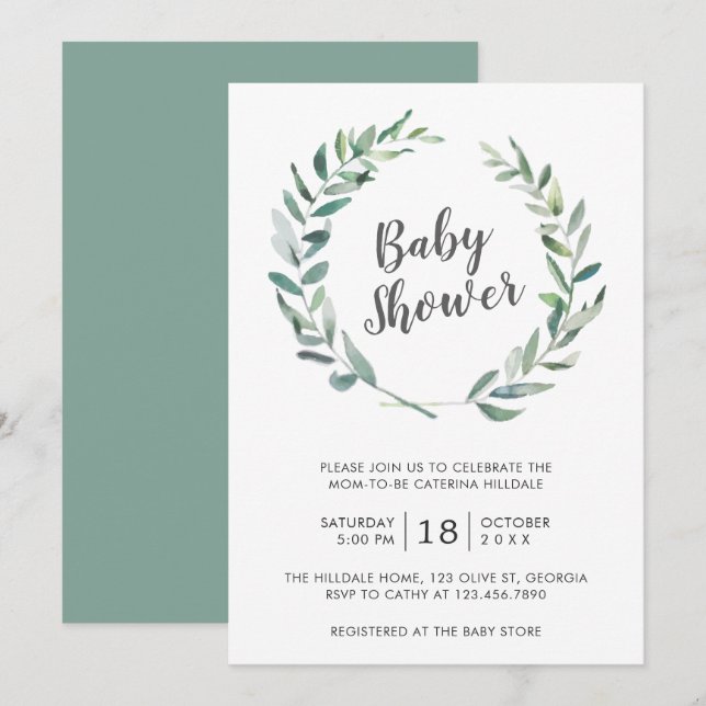 Invitation Verdure rustique Wreath Genre Baby shower neutre (Devant / Derrière)